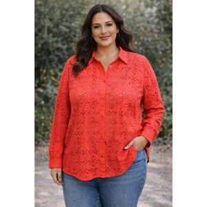 Ralph Lauren Coral Eyelet Button Down Shirt Size 3X